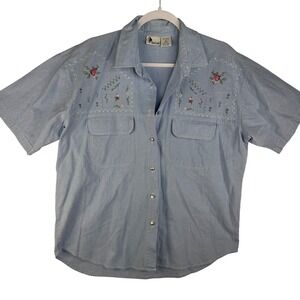 New Look Vintage 100% Cotton Floral Embroidered Short Sleeve Button Down Shirt L